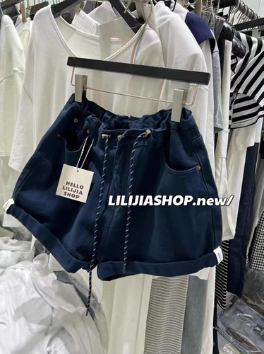 MH家 2026夏季新款时尚百搭高腰牛仔直筒抽绳阔腿裤女休闲短裤