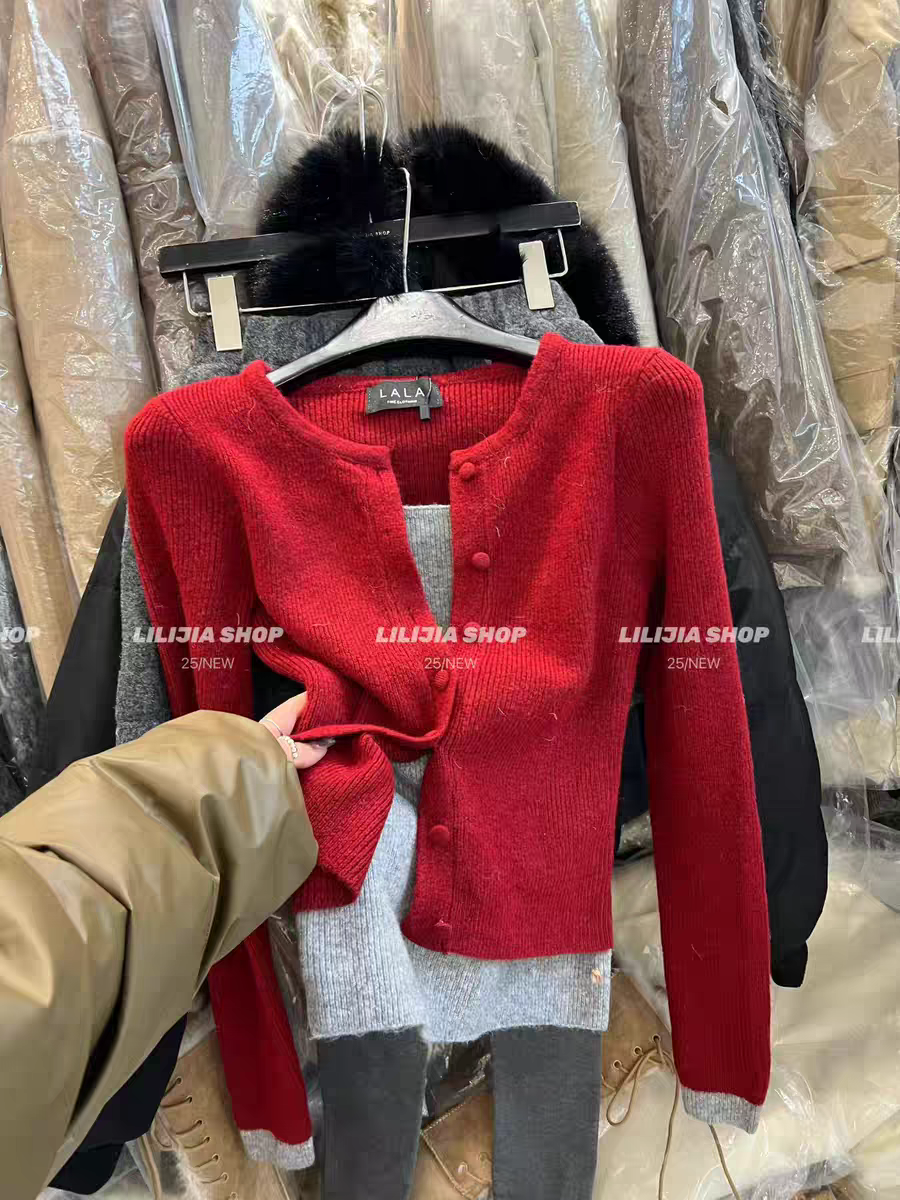 MH家 2025冬季新款时尚百搭宽松显瘦圆领假两件针织开衫外套女