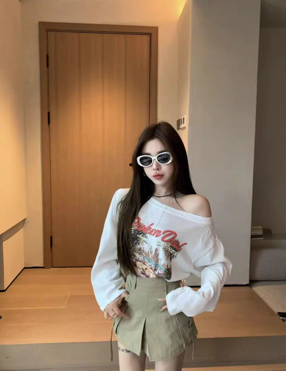 MH家 2026夏季新款韩版时尚百搭显瘦海岛印花斜肩防晒长袖T恤女