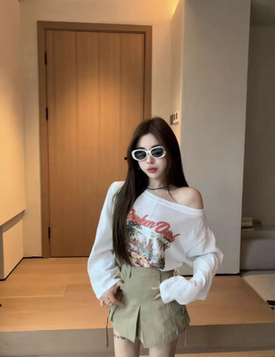 MH家 2026夏季新款韩版时尚百搭显瘦海岛印花斜肩防晒长袖T恤女