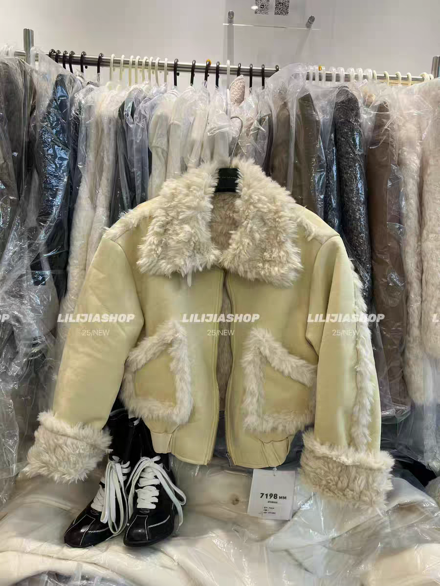 MH家 2025秋冬新款韩版时尚百搭宽松显瘦翻领皮毛一体机车外套