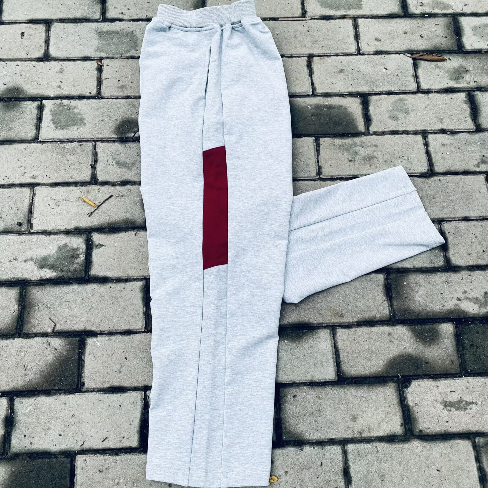 灰色校服裤子小学生拼一道酒红杠宽松直筒初高中加绒夏季薄款校服
