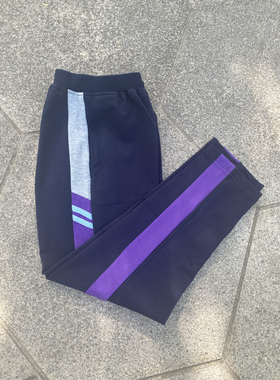 新款高中小学生黑色深蓝色校裤春秋夏款拼接上灰色下紫色宽条冬加