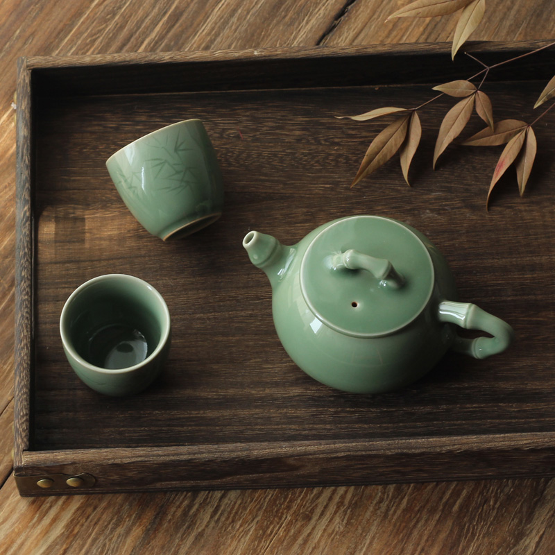 龙泉青瓷手工功夫茶具套装礼盒装 老梅子青茶具一壶两杯陶瓷送礼