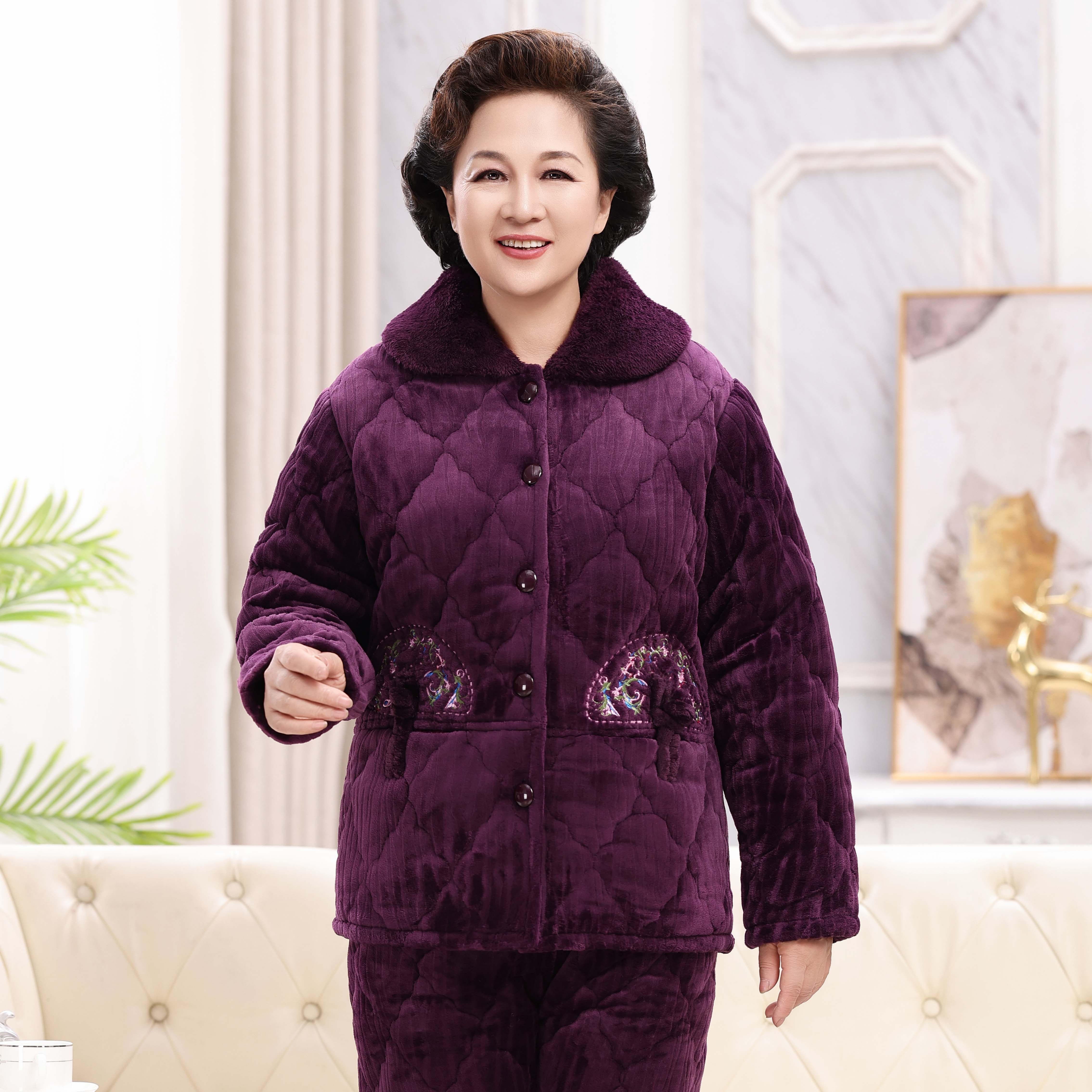 冬季中老年妈妈睡衣女珊瑚绒加绒加厚老人棉袄奶奶家居服套装