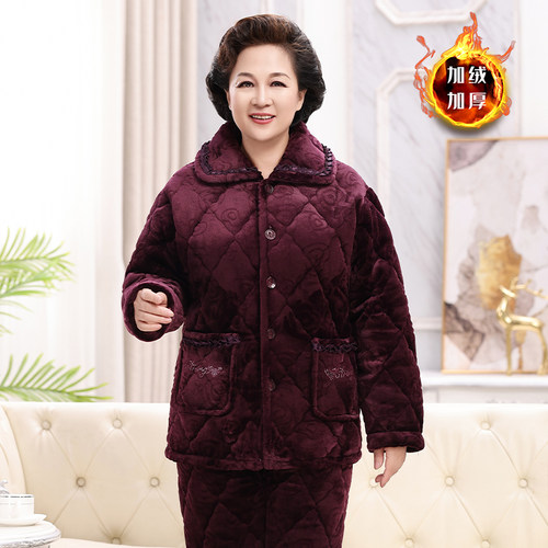 中老年睡衣法兰绒夹棉加厚家居服