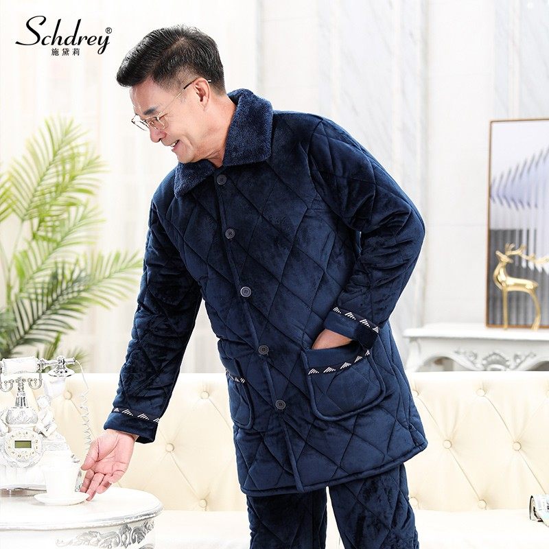 睡衣男士珊瑚绒夹棉冬季加厚加绒中老年爸爸保暖套装家居服中长款