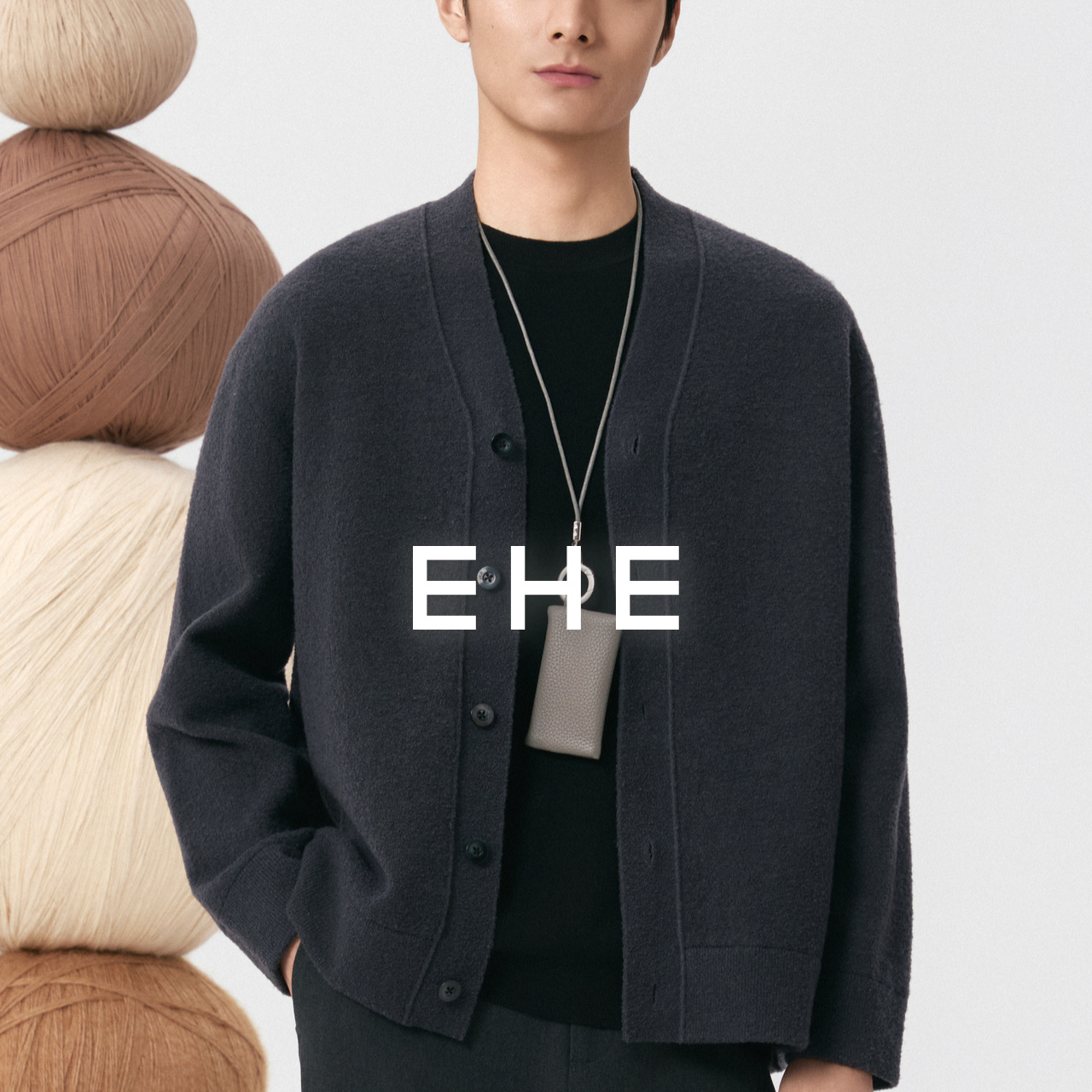 EHE男装美丽诺绵羊毛圈圈纱雪云绒复古V领针织开衫男2025秋冬新款