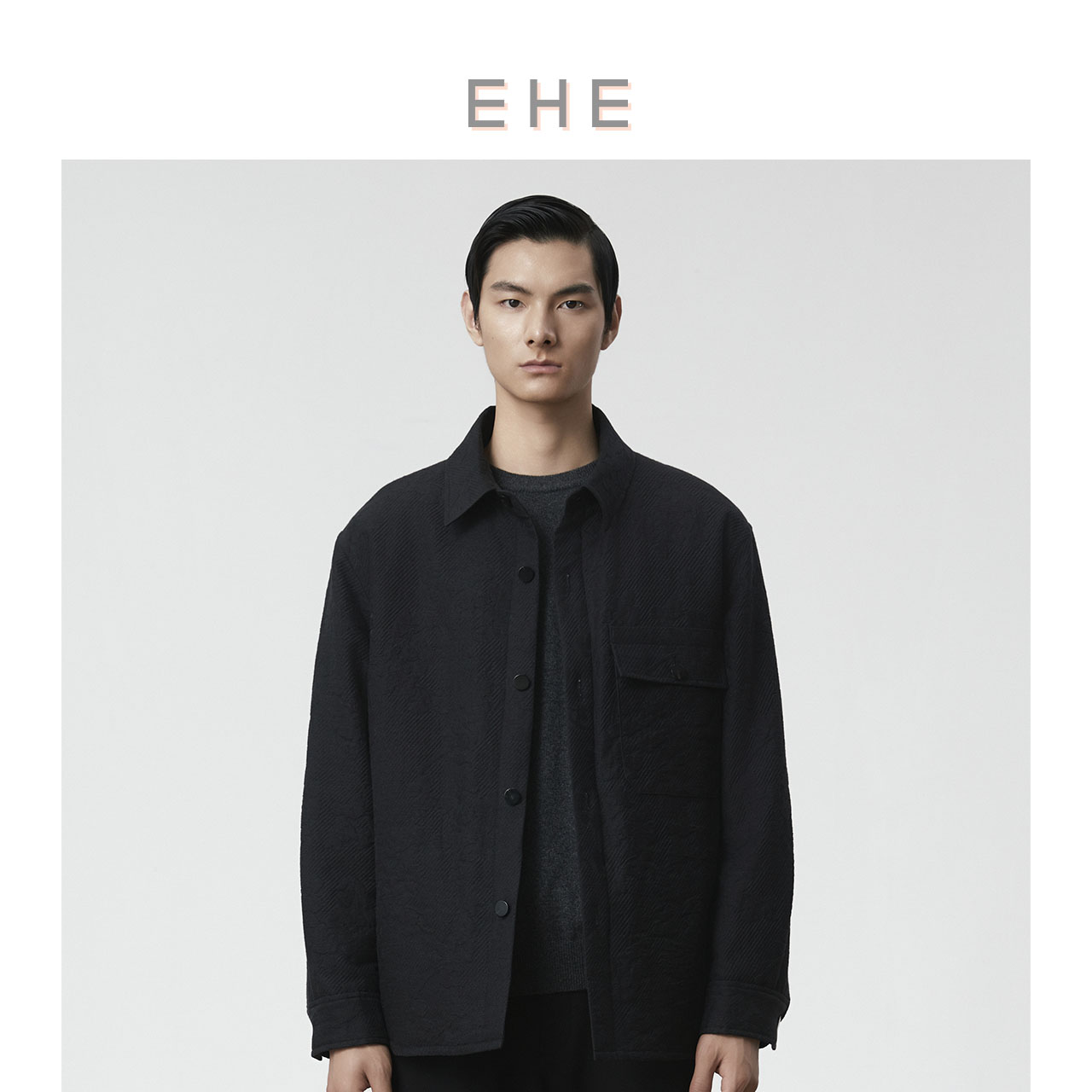 明线提花翻领夹克黑色休闲外套