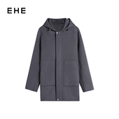 新款 EHE男装 100%绵羊毛抽绳连帽大贴袋拉链毛呢大衣男外套冬季