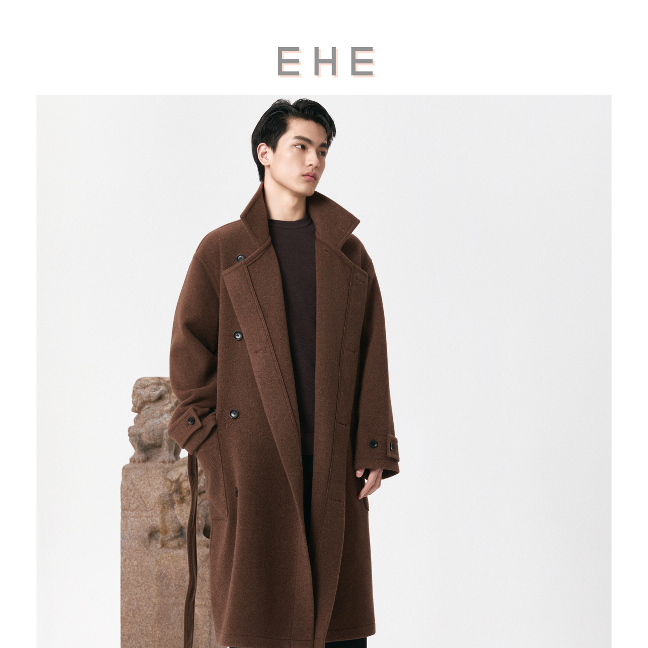 EHE男装100%澳洲细支羊毛温暖轻盈磨毛翻领长大衣男2025秋冬新款