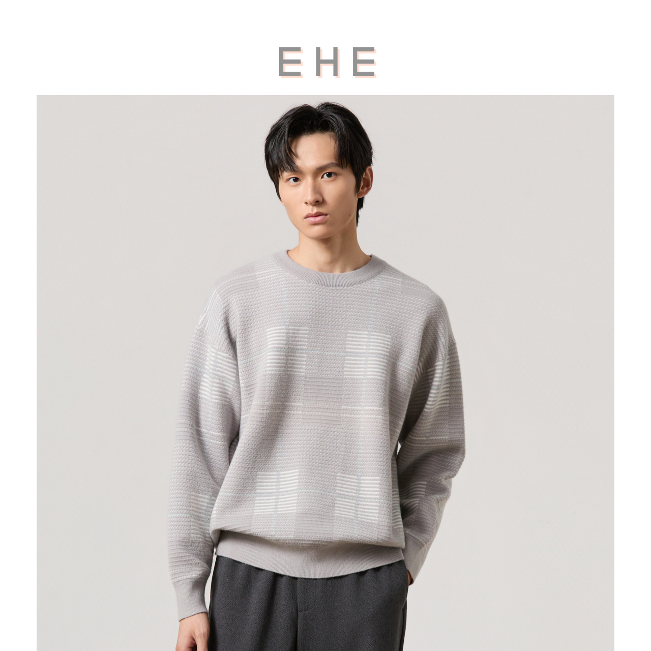 EHE重磅肌理提花大方格圆领毛衣