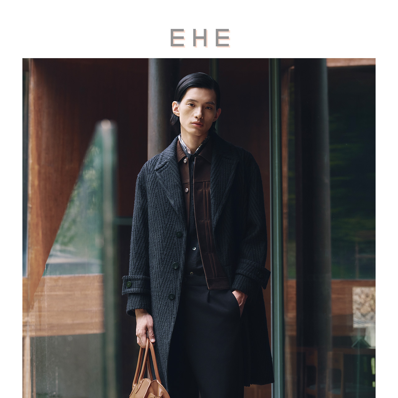 ehe绵羊毛人字纹翻驳领毛呢大衣