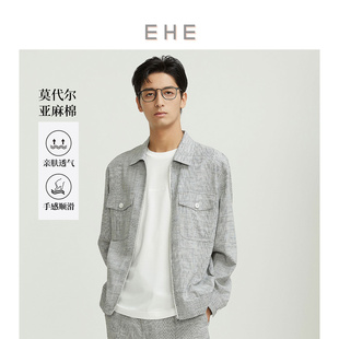 EHE男装亚麻经典格纹精致高级复古休闲翻领夹克外套男春夏新款
