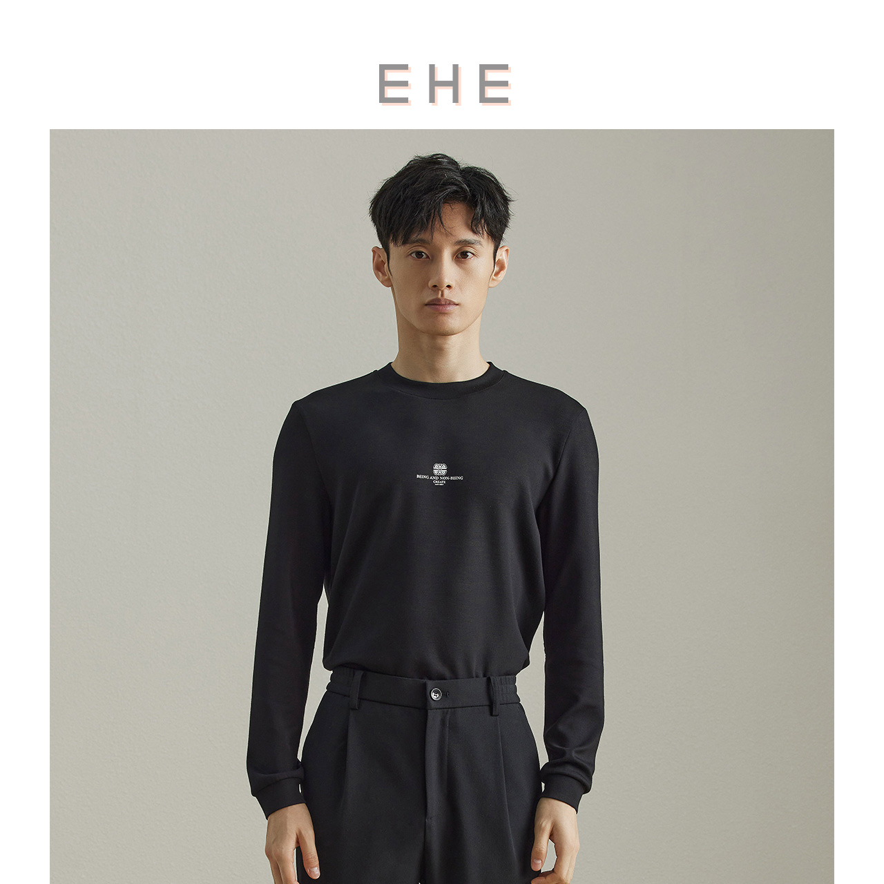 ehe男装新款黑色绵羊毛长袖T恤