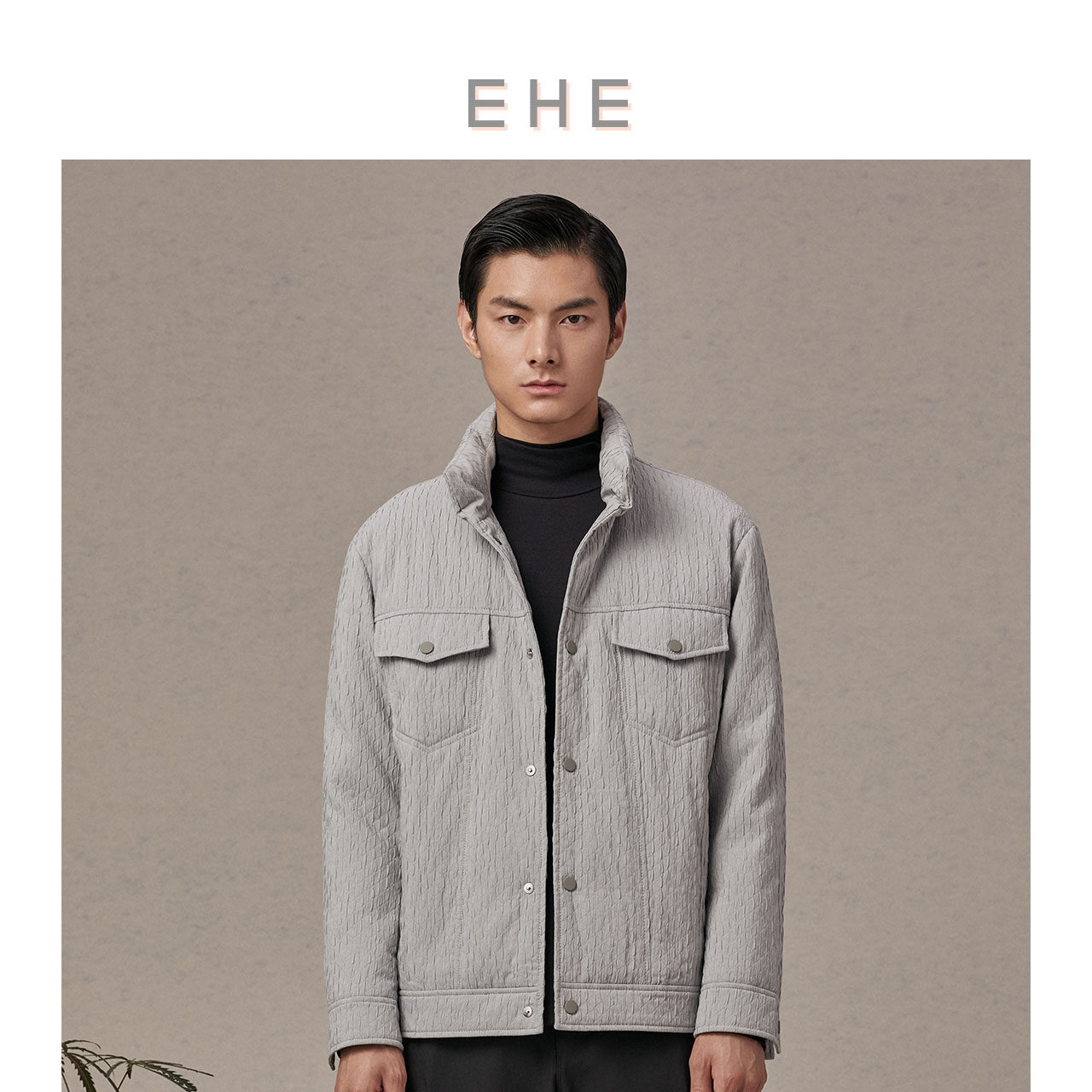 EHE男装冬季新款暗格皱条双层面料薄绒牛仔款茄克式羽绒服男