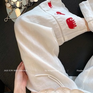 白色褲 女2025新款 小眾慵懶顯瘦闊腿褲 子 腳刺繡花邊亞麻休閑直筒褲