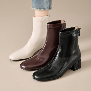 加绒黑色白色棕色 4.5CM中跟粗跟弹力靴瘦瘦靴短靴女春秋单靴冬季