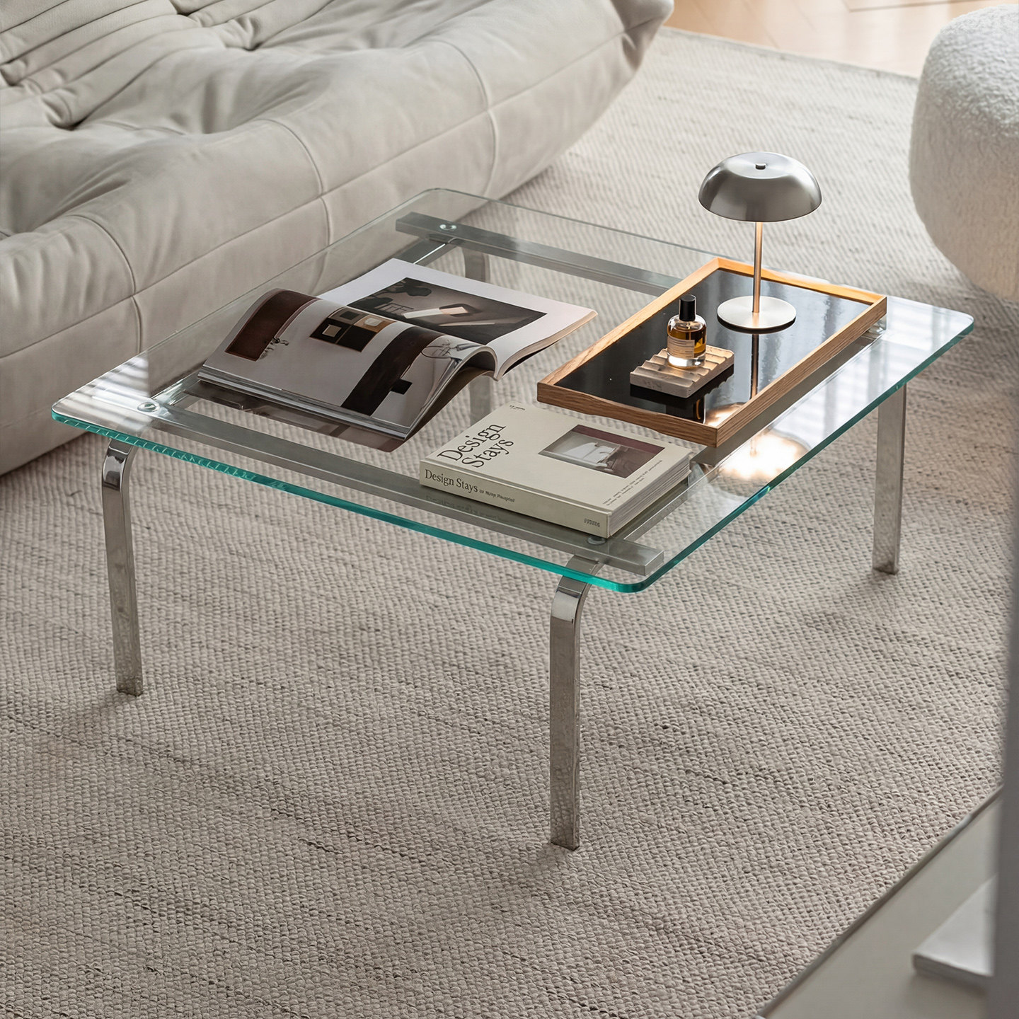 包豪斯玻璃茶几不锈钢小户型客厅家用中古风长方形透明极简边几桌