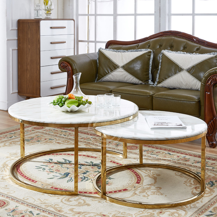 金色现代简约欧式风格大理石高低组合不锈钢圆形茶几一大一小茶桌
