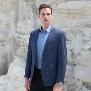 迪仕尼奴男西装 休闲宽松合体商务英伦外套西单 休闲蓝色纹理厚款