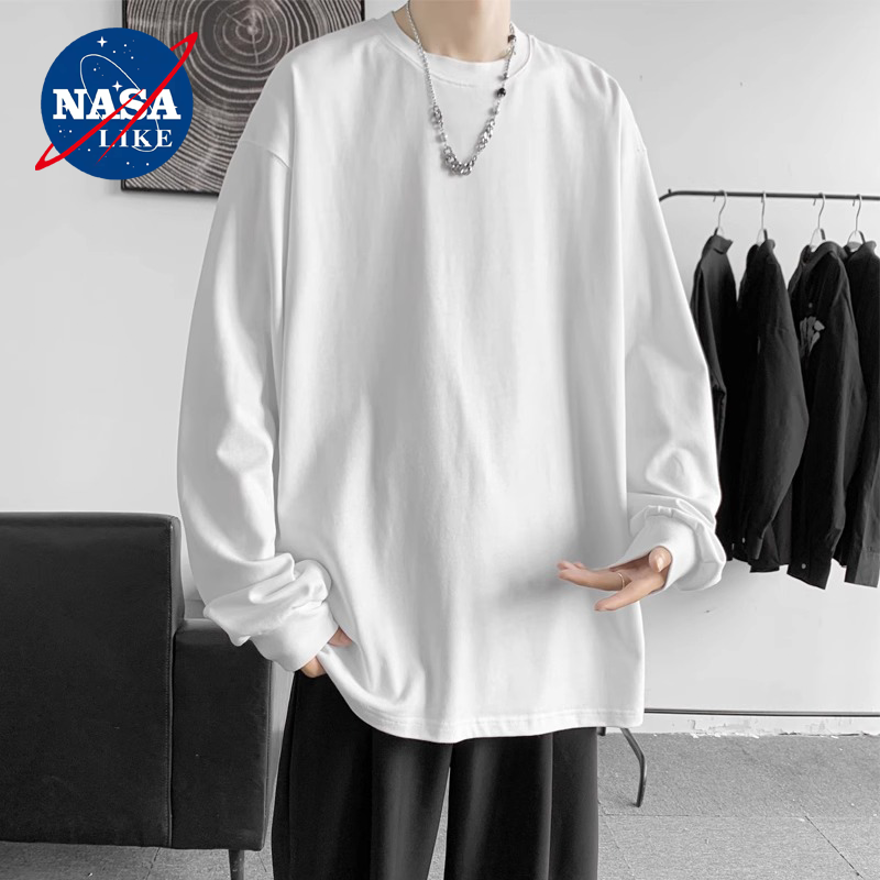 NASA纯棉长袖T恤春秋季男士高级感纯色内搭打底衫宽松上衣学生白t
