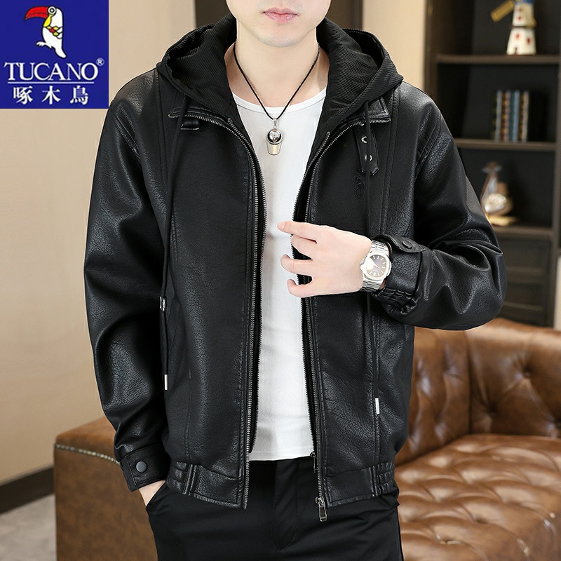 啄木鸟轻奢皮夹克可拆卸连帽外套