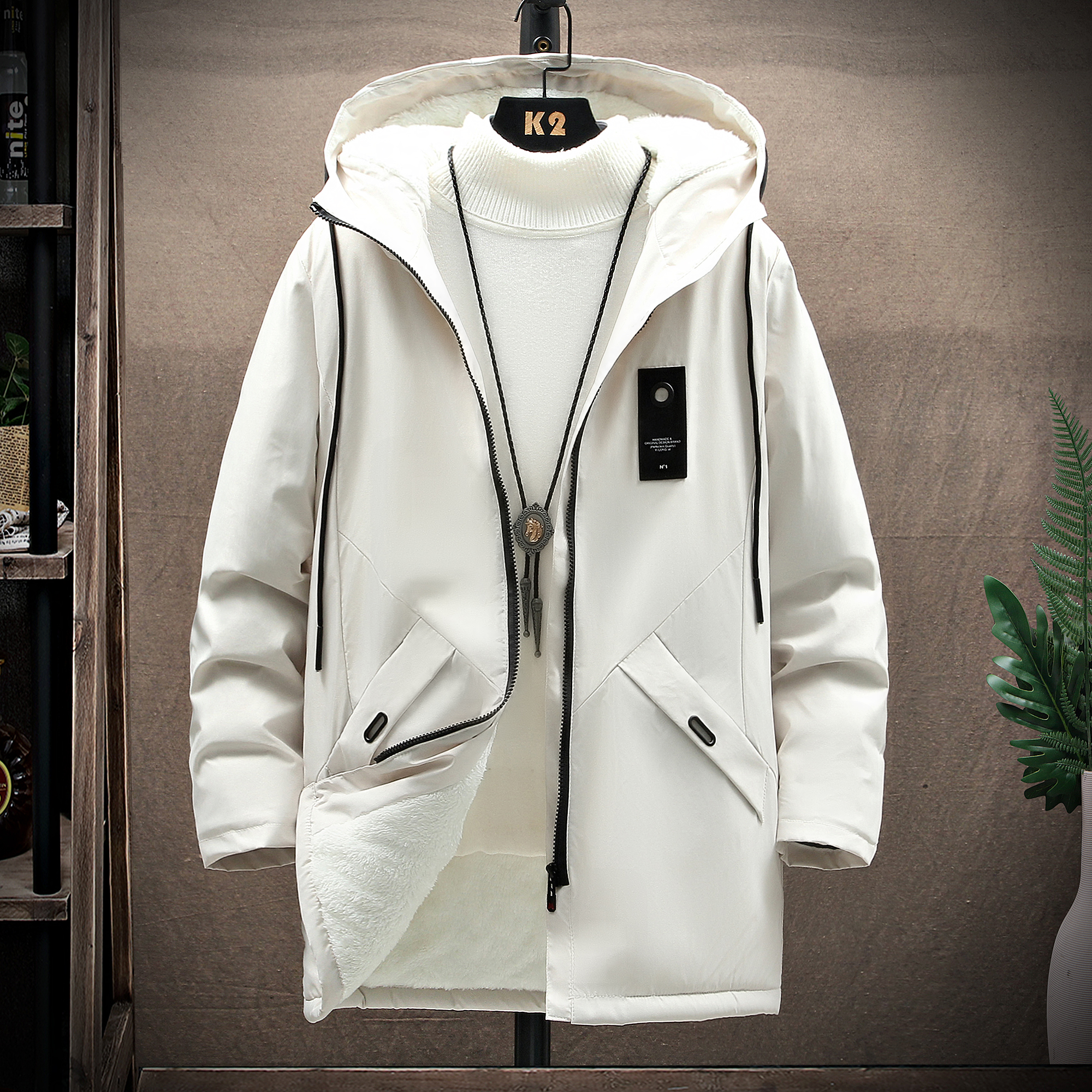 Winter men's Plush windbreaker jacket with extra thick warmth and medium length slim and plush fashionable jacket