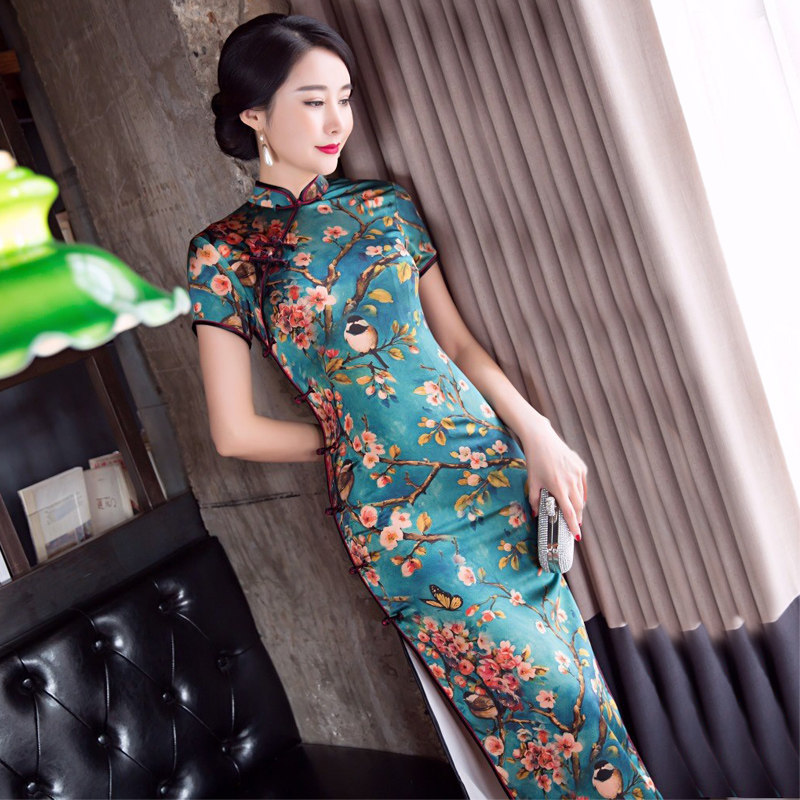 雀上枝头高端考妈妈重磅真丝旗袍桑蚕丝老上海新中式长款改良年轻