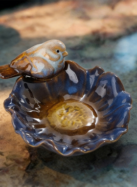 窑变蓝釉陶瓷小鸟收纳碟创意花形