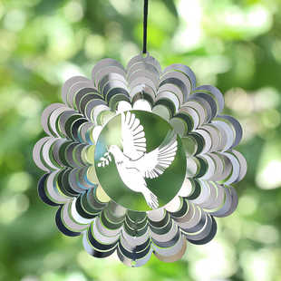 饰玲珑3D 10cm花瓣旋转风铃不锈钢和平鸽橄榄枝飞鸟反战庭院悬挂装
