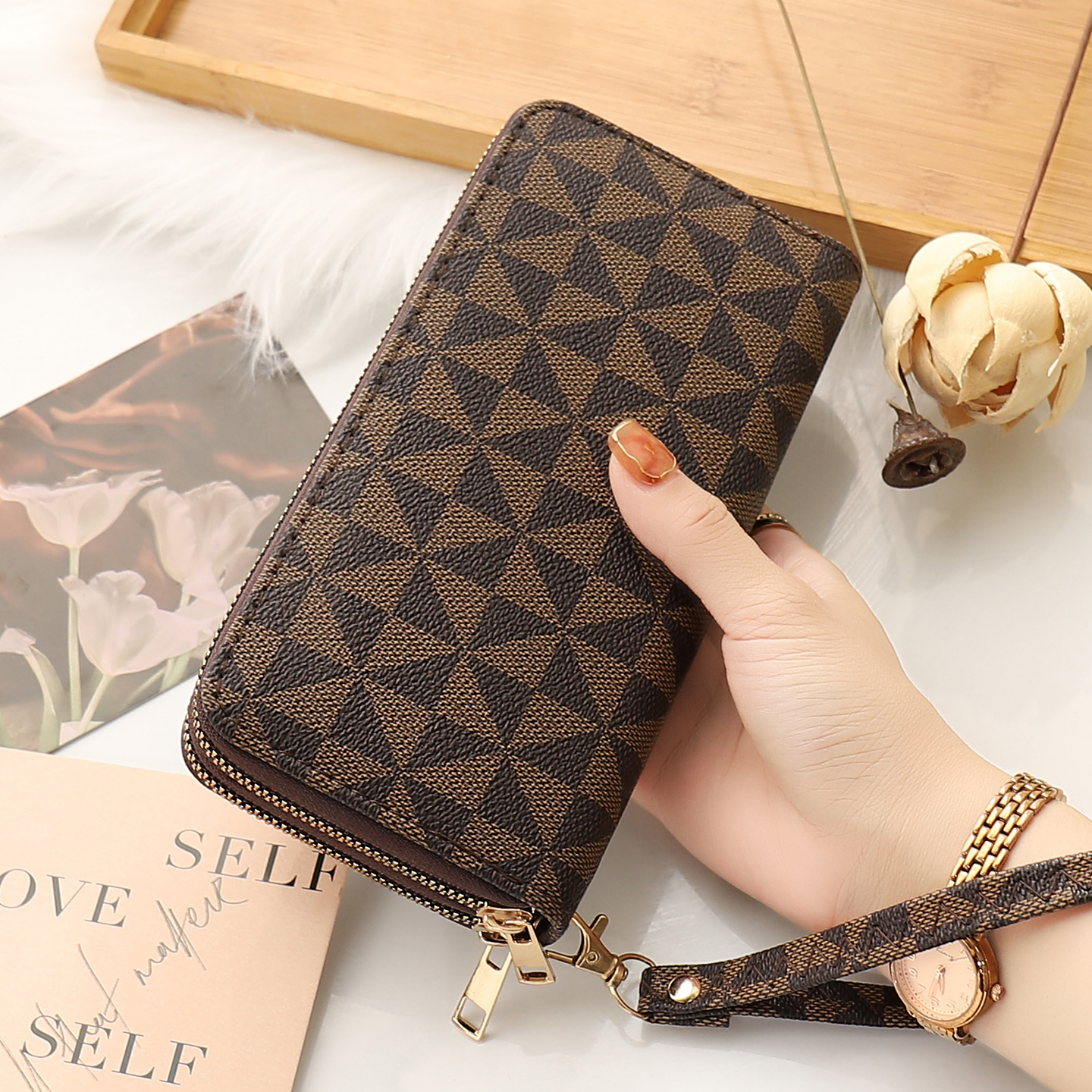 木惜复古印花双拉链大容量钱包