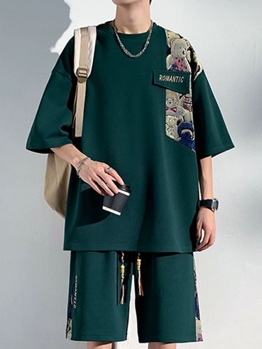 Летний комплект для отдыха, шорты, штаны, китайский стиль, оверсайз, большой размер, короткий рукав, с медвежатами