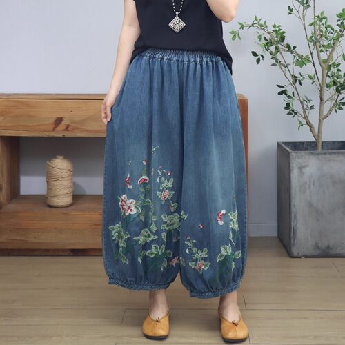 大码刺绣牛仔阔腿裤女士宽松