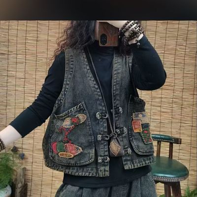 春秋款贴领刺绣大码牛仔马夹