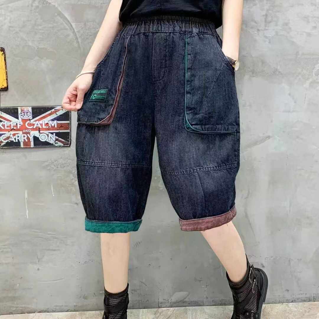夏季薄款宽松牛仔短裤女五分裤时尚大口袋哈伦裤休闲高腰萝卜裤女