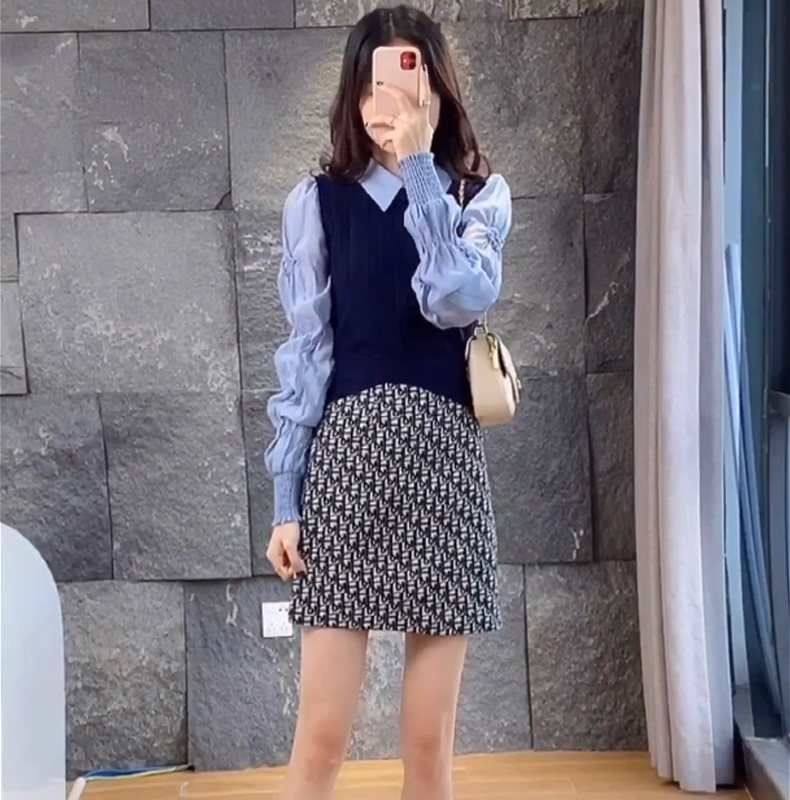 AUTUMN DRESS TEMPERAMENT GODDESS FAN SWEATER SHIRT SKIRT NET RED FOREIGN THREE-PIECE SET SMALL MAN A TALL SUIT WOMEN