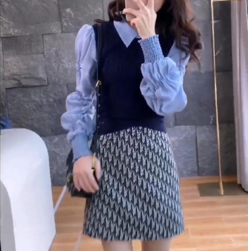 AUTUMN DRESS TEMPERAMENT GODDESS FAN SWEATER SHIRT SKIRT NET RED FOREIGN THREE-PIECE SET SMALL MAN A TALL SUIT WOMEN