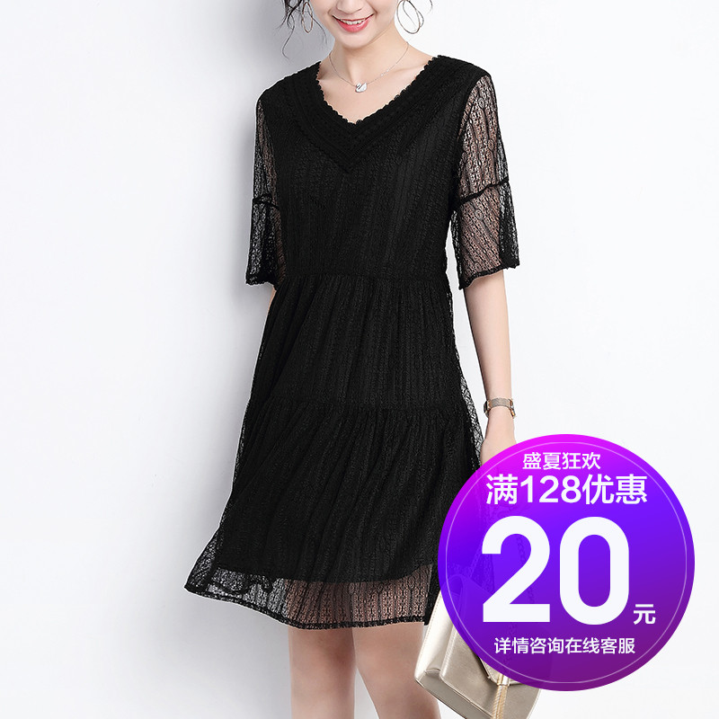 大碼女裝2018新款胖mm夏裝藏肉蕾絲連衣裙遮肚子洋氣腰粗裙子夏