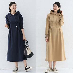 纯色女裙棉质长裙气质洋气百搭连帽裙 收腰连衣裙长袖 日韩秋季 新款