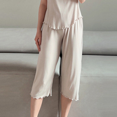 显瘦木耳边直筒裤 夏季 高腰女宽松阔腿裤 家居睡裤 莫代尔薄款 七分裤