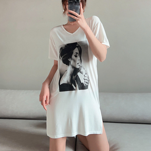 春夏韩版薄款莫代尔T恤短袖中长款女印花打底裙宽松百搭体恤大码