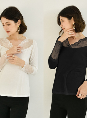 春季女花瓣V领显瘦黑色上衣薄款内搭长袖T恤蕾丝拼接莫代尔打底衫