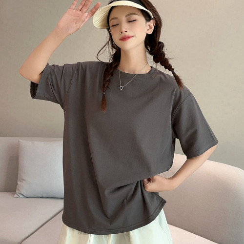 春夏季薄款慵懒风圆领宽松短袖T恤女外穿棉质上衣纯色打底衫大码