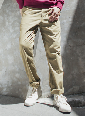 AK男装秋季薄款复古卡其色经典修身刺绣纯棉休闲直筒工装长裤男