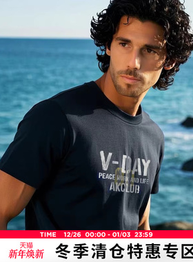 AK男装夏季新款VDAY复古合体版字母印花短袖T恤男透气纯棉圆领
