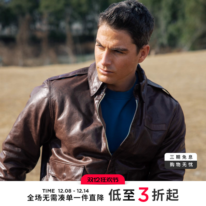 ak秋季新款复古翻领真皮夹克夹克