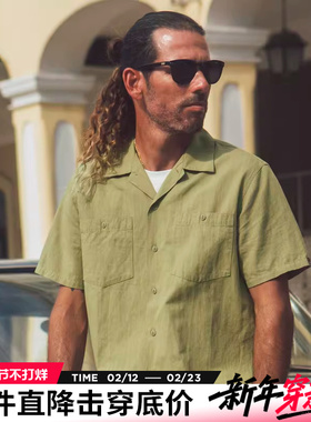 AK男装夏季新款自由古巴麻棉复古旗唛装饰贴袋翻领短袖衬衫男