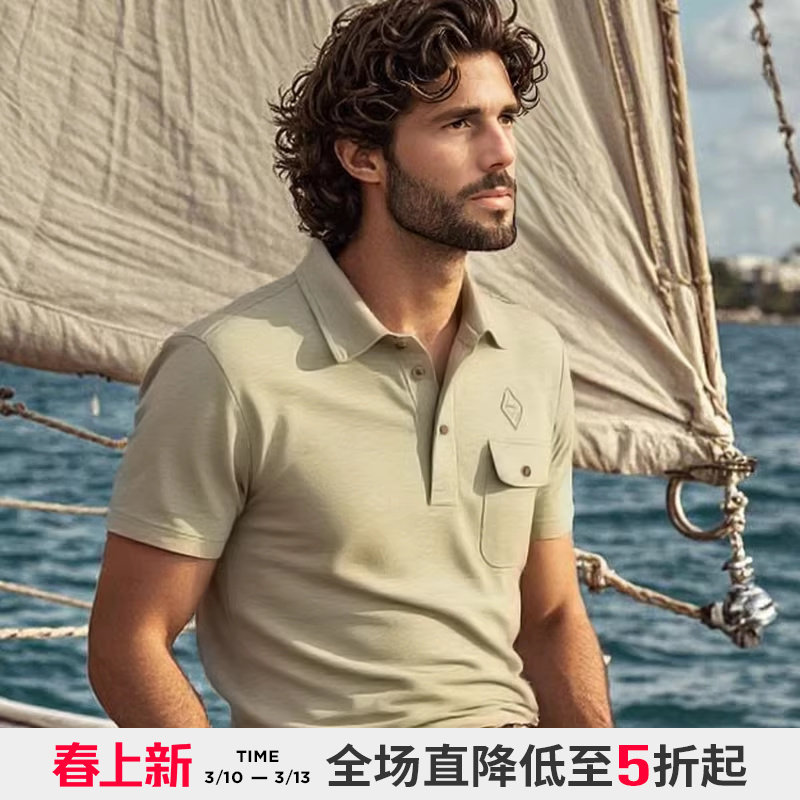 AK男装夏季新款复古贴袋合体版短袖翻领POLO衫男透气经典百搭