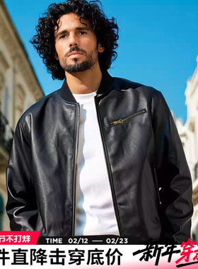 AK男装新款复古MA-1飞行员简约绣花PU美式风皮外套夹克男